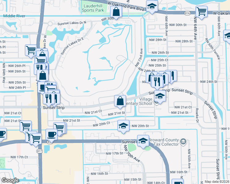 map of restaurants, bars, coffee shops, grocery stores, and more near 7451 South Aragon Boulevard in Sunrise