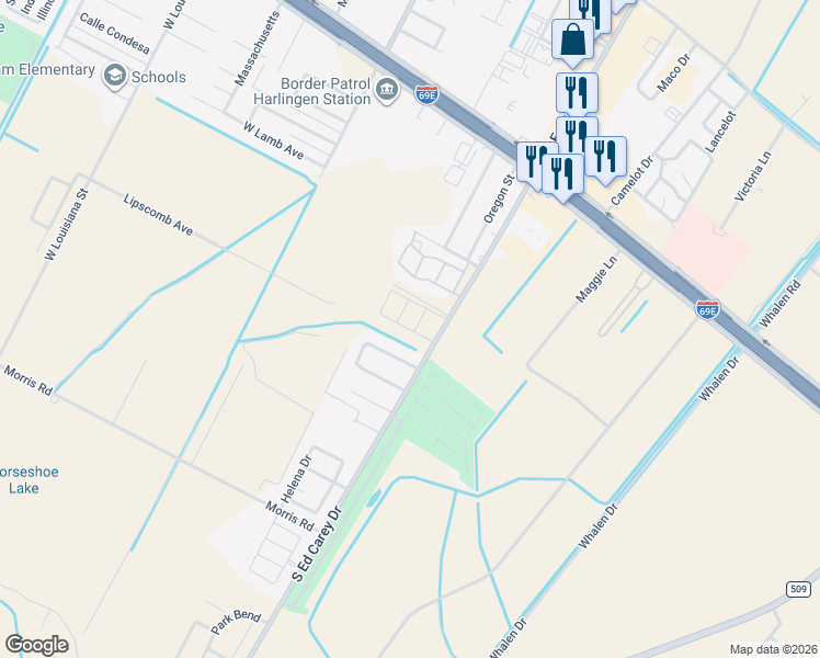 map of restaurants, bars, coffee shops, grocery stores, and more near 4501 North Hummingbird Lane in Harlingen