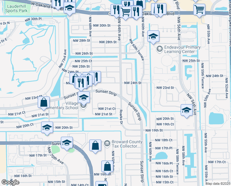 map of restaurants, bars, coffee shops, grocery stores, and more near 6491 Sunset Strip in Sunrise
