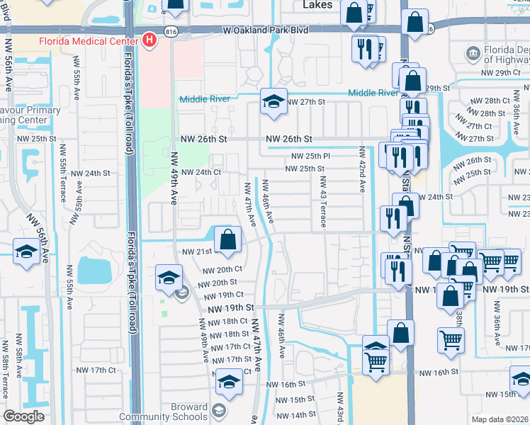 map of restaurants, bars, coffee shops, grocery stores, and more near 4520 Northwest 23rd Court in Lauderhill