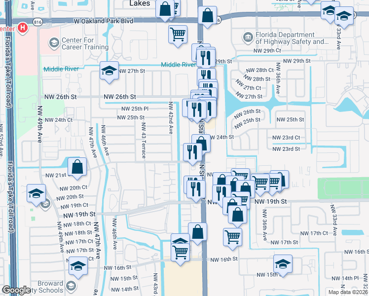 map of restaurants, bars, coffee shops, grocery stores, and more near 2310 Northwest 42nd Avenue in Lauderhill