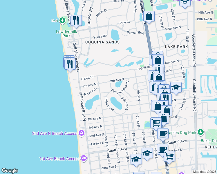 map of restaurants, bars, coffee shops, grocery stores, and more near 690 Bougainvillea Road in Naples