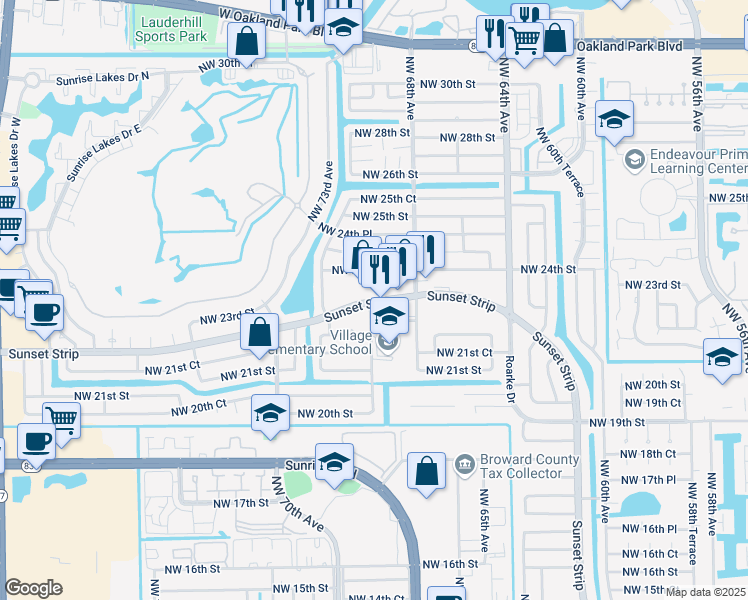 map of restaurants, bars, coffee shops, grocery stores, and more near 6949 Sunset Strip in Sunrise