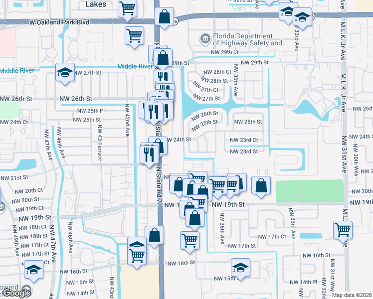 map of restaurants, bars, coffee shops, grocery stores, and more near 2341 Northwest 38th Terrace in Lauderdale Lakes