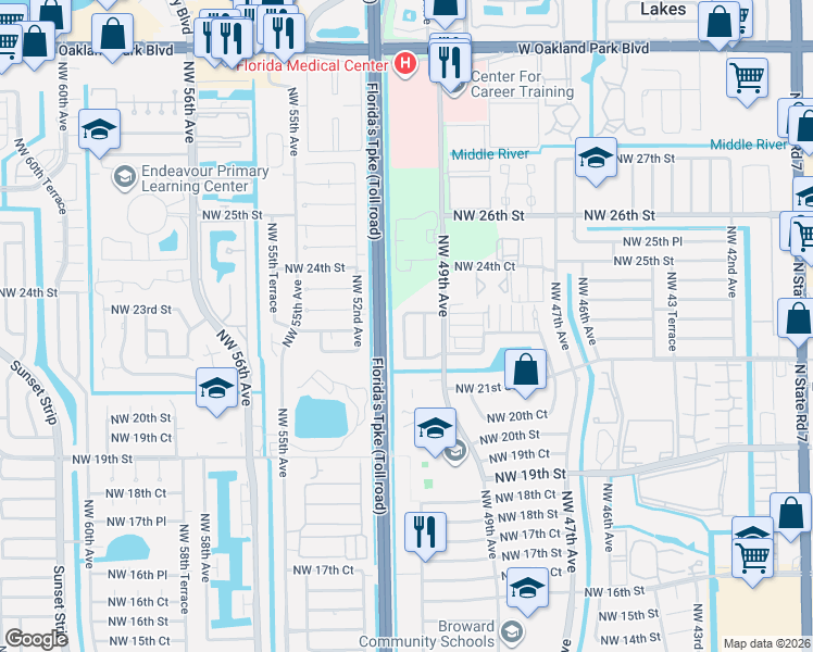 map of restaurants, bars, coffee shops, grocery stores, and more near 5021 Northwest 23rd Street in Lauderhill