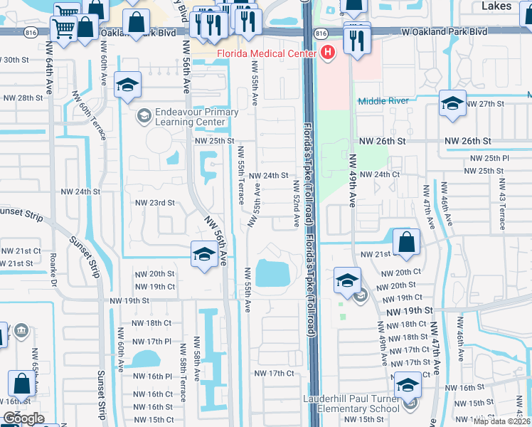 map of restaurants, bars, coffee shops, grocery stores, and more near 2241 Northwest 55th Avenue in Lauderhill