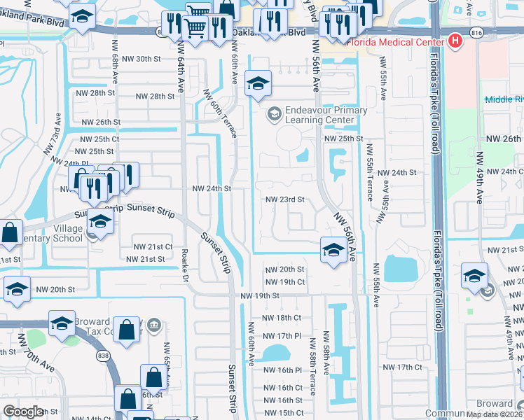 map of restaurants, bars, coffee shops, grocery stores, and more near 2313 Northwest 59th Way in Lauderhill