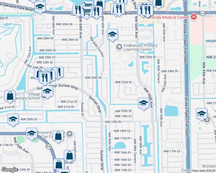 map of restaurants, bars, coffee shops, grocery stores, and more near 2340 Northwest 60th Terrace in Sunrise