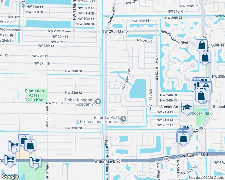 map of restaurants, bars, coffee shops, grocery stores, and more near 2411 Northwest 110th Terrace in Sunrise