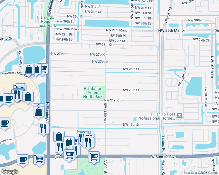 map of restaurants, bars, coffee shops, grocery stores, and more near 11790 Northwest 24th Street in Plantation