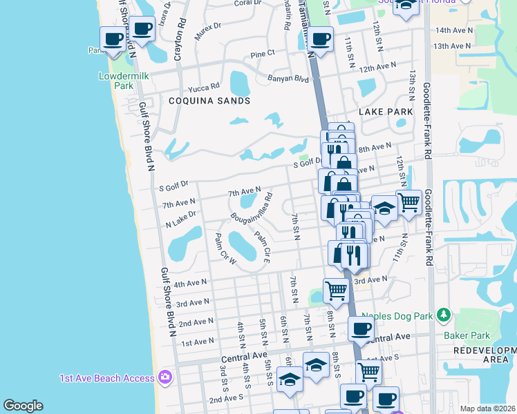 map of restaurants, bars, coffee shops, grocery stores, and more near 689 Bougainvillea Road in Naples