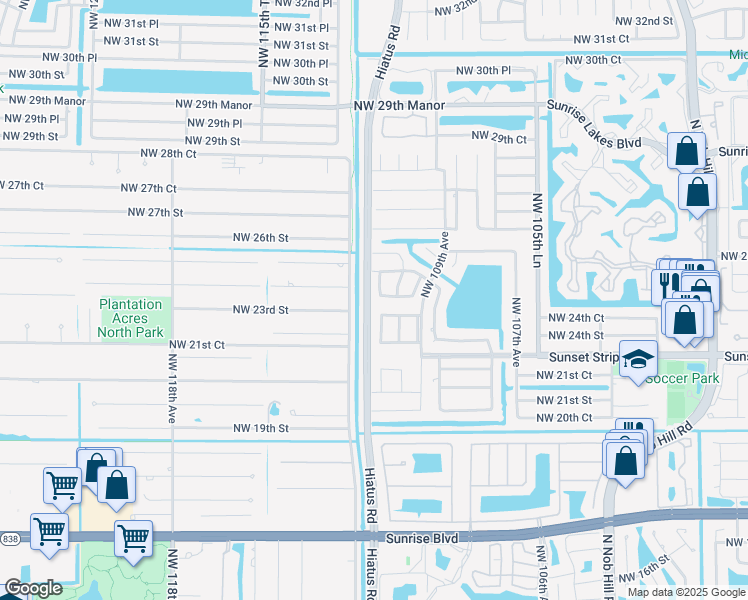 map of restaurants, bars, coffee shops, grocery stores, and more near 2411 Northwest 110th Terrace in Sunrise
