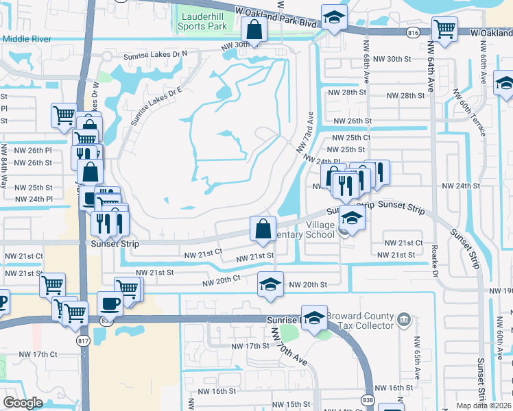 map of restaurants, bars, coffee shops, grocery stores, and more near 7451 South Aragon Boulevard in Sunrise