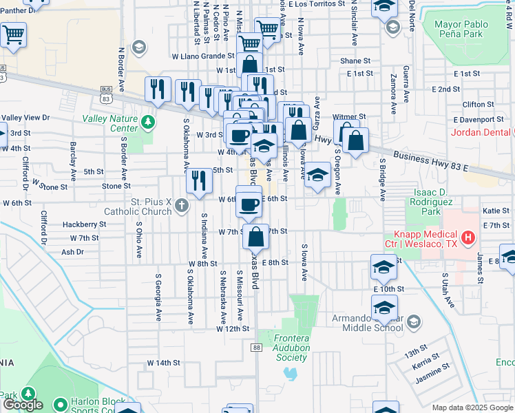 map of restaurants, bars, coffee shops, grocery stores, and more near 100 East 6th Street in Weslaco