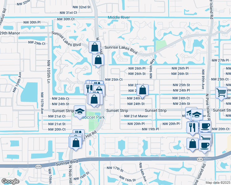 map of restaurants, bars, coffee shops, grocery stores, and more near 9877 Northwest 24th Place in Sunrise