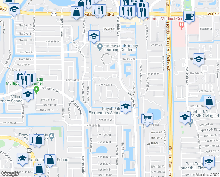 map of restaurants, bars, coffee shops, grocery stores, and more near 2257 Northwest 59th Terrace in Lauderhill
