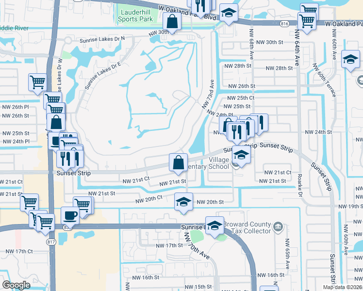 map of restaurants, bars, coffee shops, grocery stores, and more near 2320 East Aragon Boulevard in Sunrise
