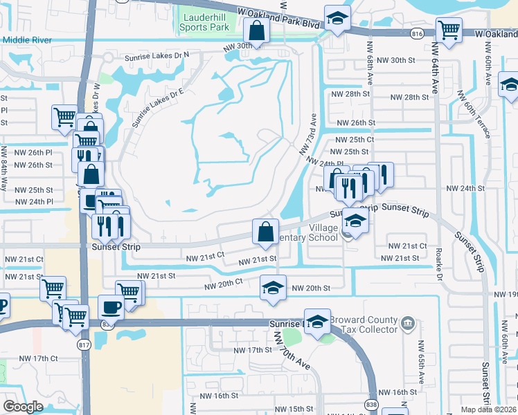 map of restaurants, bars, coffee shops, grocery stores, and more near 7451 South Aragon Boulevard in Sunrise