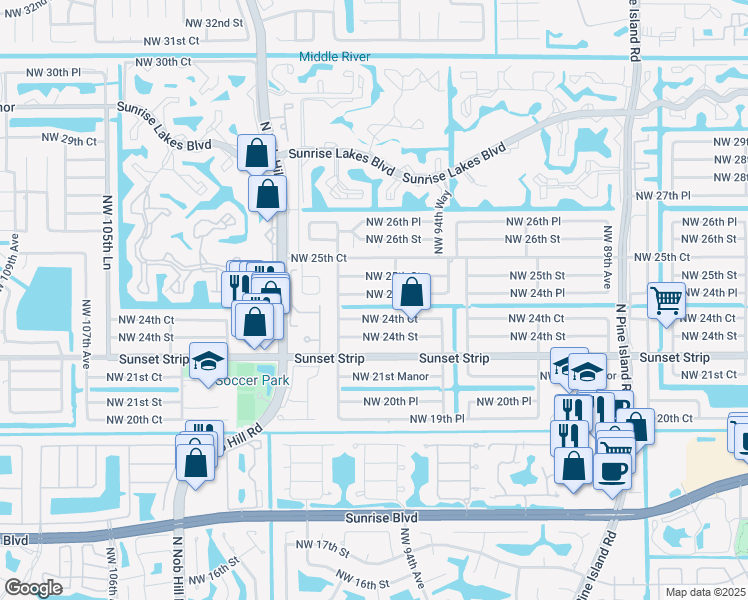 map of restaurants, bars, coffee shops, grocery stores, and more near 9701 Northwest 24th Place in Sunrise