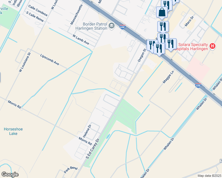 map of restaurants, bars, coffee shops, grocery stores, and more near 4501 North Hummingbird Lane in Harlingen