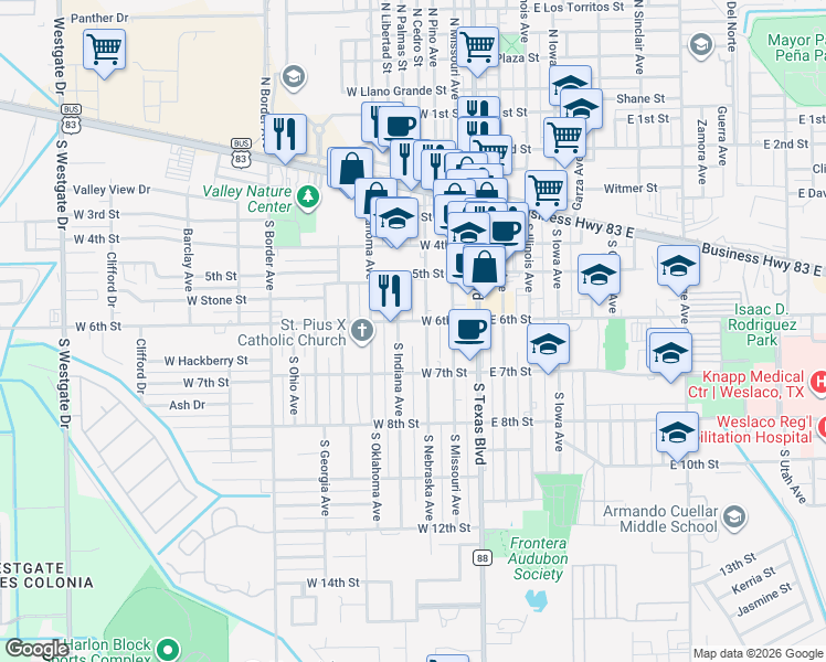 map of restaurants, bars, coffee shops, grocery stores, and more near 316 West 6th Street in Weslaco