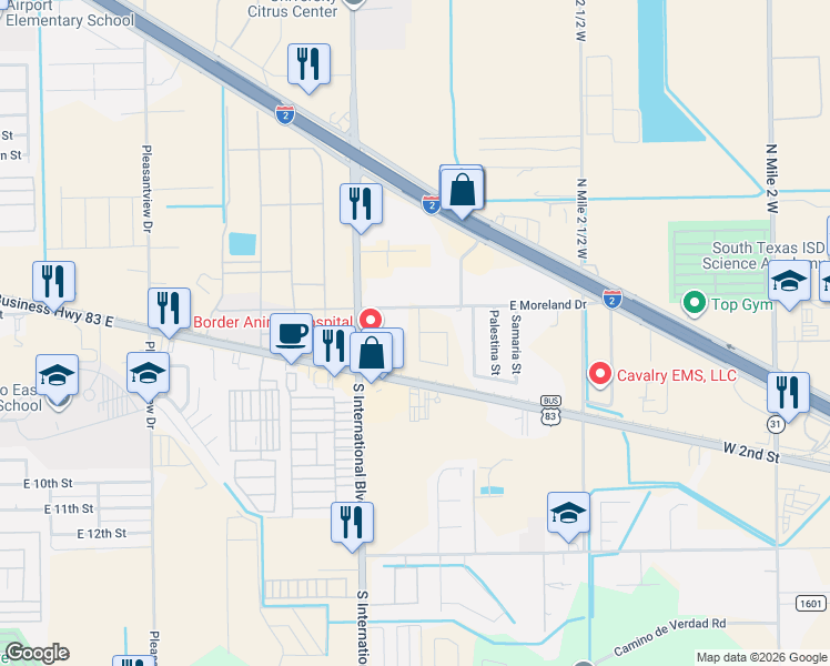map of restaurants, bars, coffee shops, grocery stores, and more near 3533 East Moreland Drive in Weslaco