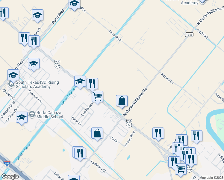 map of restaurants, bars, coffee shops, grocery stores, and more near 1630 West Highway Buss 77 in San Benito