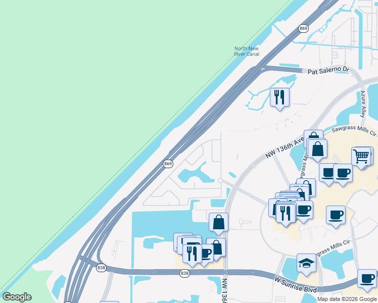 map of restaurants, bars, coffee shops, grocery stores, and more near 2401 Northwest 139th Avenue in Sunrise