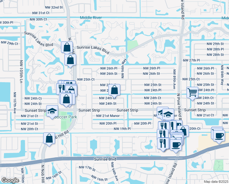 map of restaurants, bars, coffee shops, grocery stores, and more near 9561 Northwest 24th Place in Sunrise