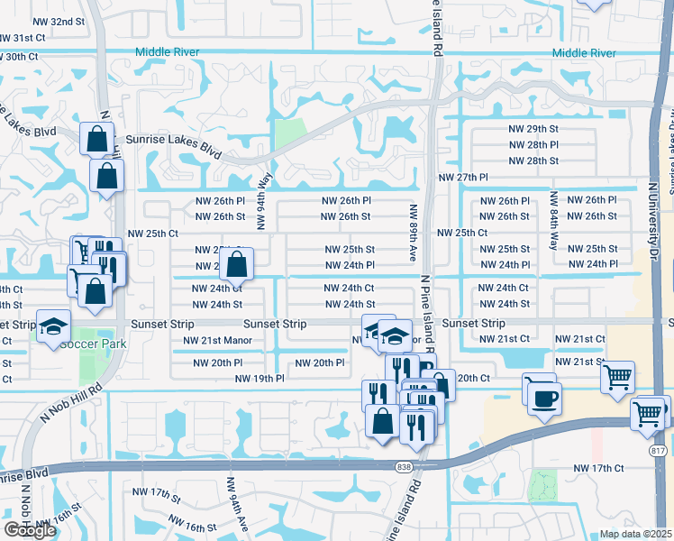 map of restaurants, bars, coffee shops, grocery stores, and more near 9182 Northwest 24th Place in Sunrise