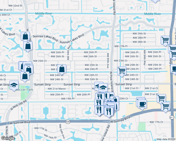 map of restaurants, bars, coffee shops, grocery stores, and more near 9182 Northwest 24th Place in Sunrise