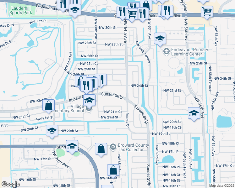 map of restaurants, bars, coffee shops, grocery stores, and more near 6491 Sunset Strip in Sunrise