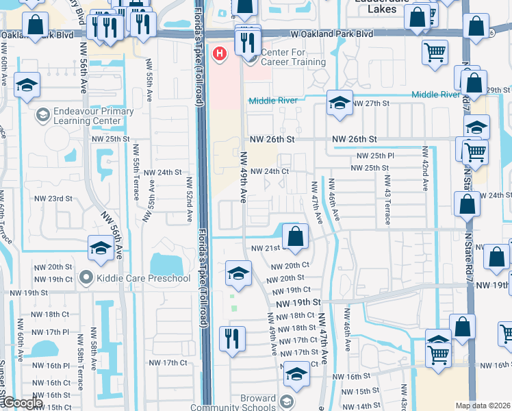 map of restaurants, bars, coffee shops, grocery stores, and more near 4 Northwest 49th Avenue in Lauderhill
