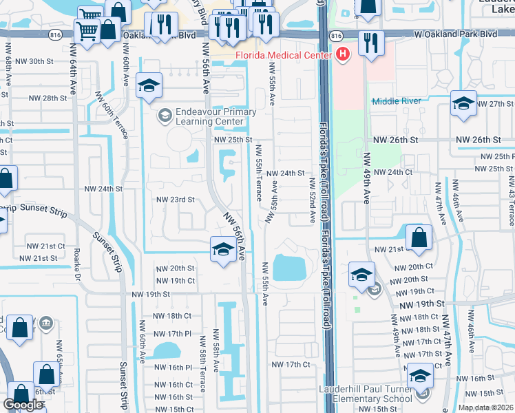 map of restaurants, bars, coffee shops, grocery stores, and more near 2302 Northwest 55th Way in Lauderhill