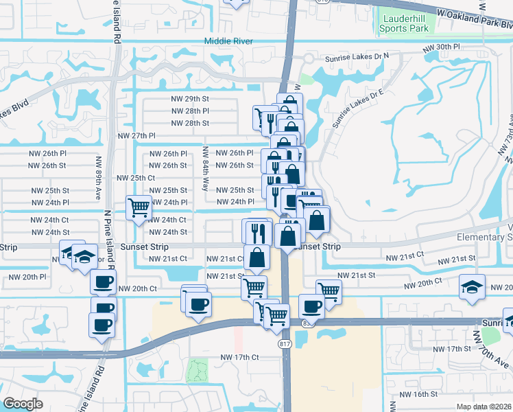 map of restaurants, bars, coffee shops, grocery stores, and more near 8311 Northwest 24th Place in Sunrise