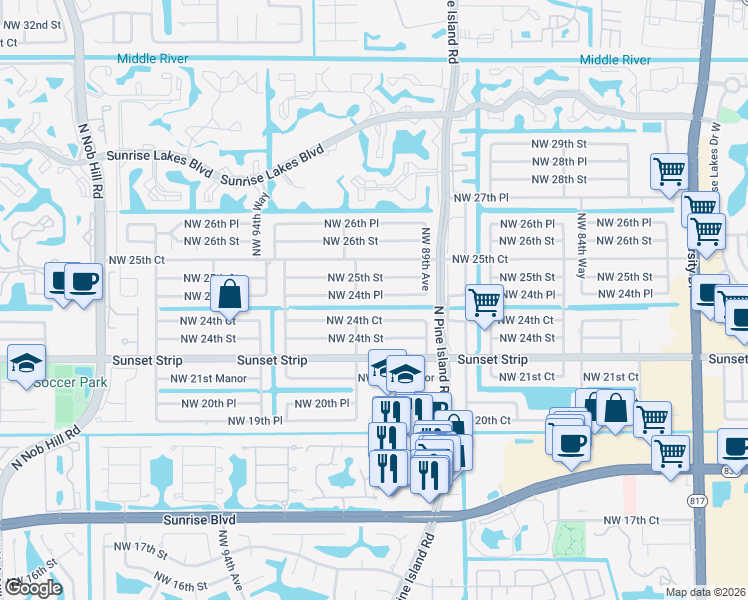 map of restaurants, bars, coffee shops, grocery stores, and more near 9111 Northwest 24th Place in Sunrise
