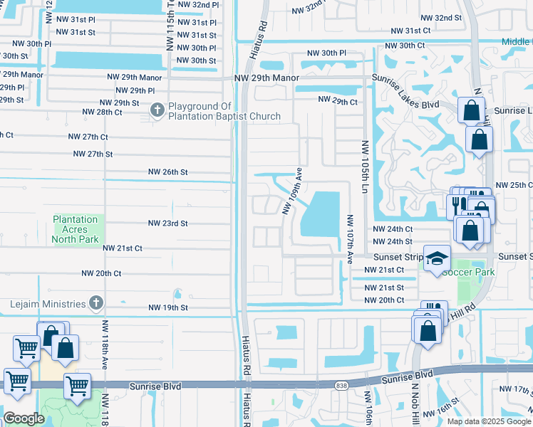 map of restaurants, bars, coffee shops, grocery stores, and more near 2411 Northwest 110th Terrace in Sunrise
