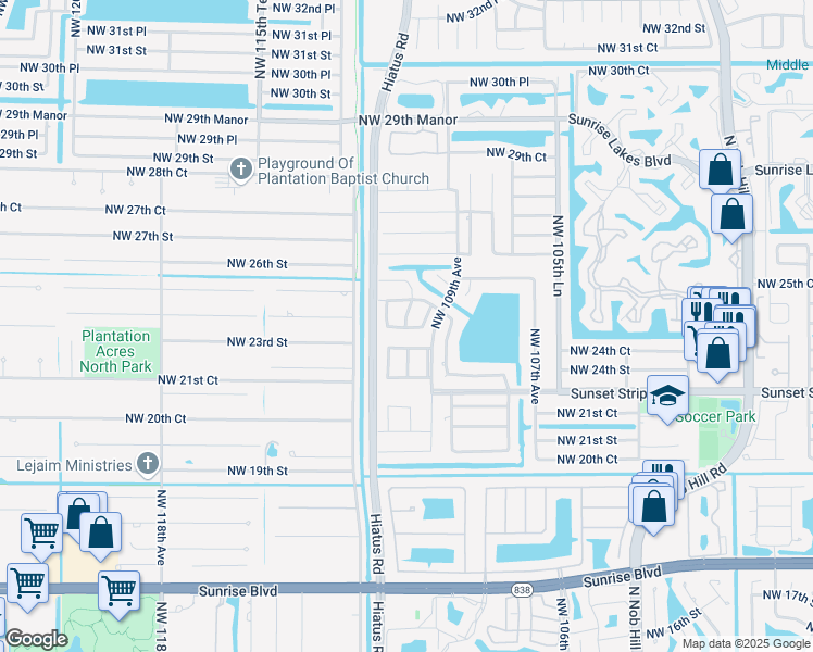 map of restaurants, bars, coffee shops, grocery stores, and more near 2411 Northwest 110th Terrace in Sunrise
