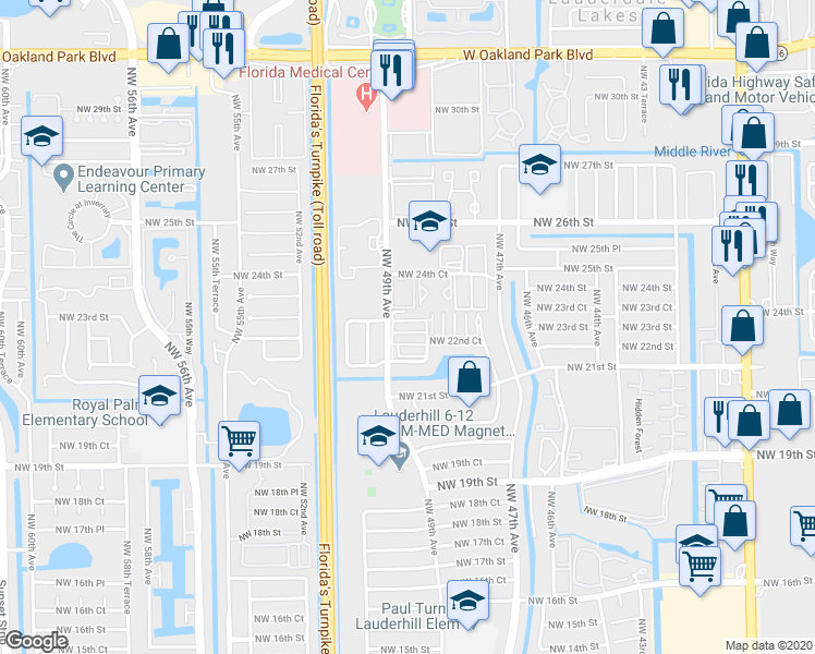 map of restaurants, bars, coffee shops, grocery stores, and more near 2271 Northwest 48th Terrace in Lauderhill