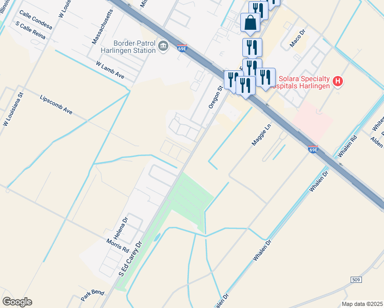 map of restaurants, bars, coffee shops, grocery stores, and more near 361 South Ed Carey Drive in Harlingen