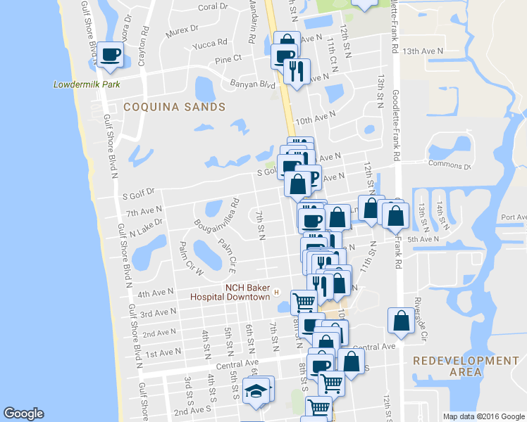 map of restaurants, bars, coffee shops, grocery stores, and more near 716 Broad Court North in Naples