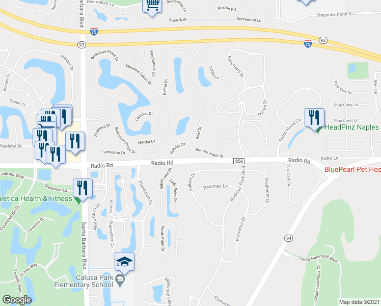map of restaurants, bars, coffee shops, grocery stores, and more near 8001 Radio Road in Naples