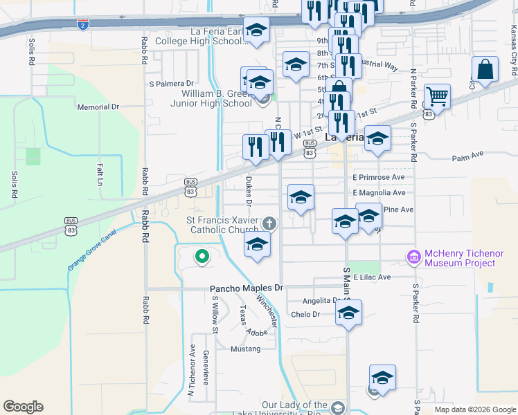 map of restaurants, bars, coffee shops, grocery stores, and more near 326-340 Dukes Dr in La Feria