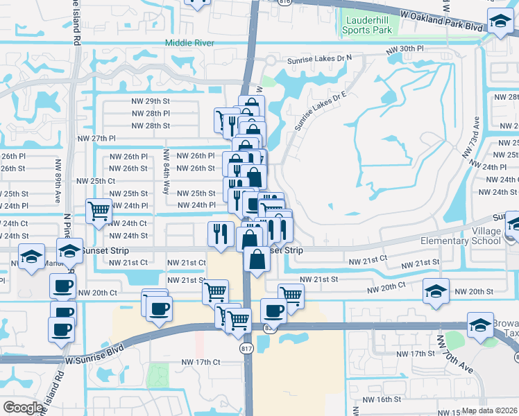 map of restaurants, bars, coffee shops, grocery stores, and more near 8251 Northwest 24th Street in Sunrise