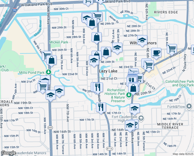 map of restaurants, bars, coffee shops, grocery stores, and more near 2133 North Andrews Avenue in Wilton Manors
