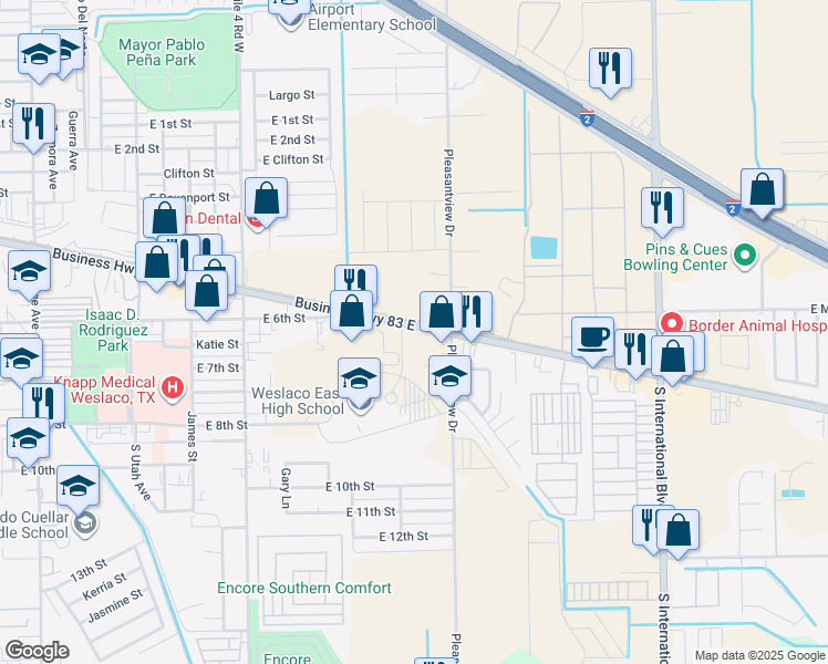 map of restaurants, bars, coffee shops, grocery stores, and more near 2100 East Business 83 in Weslaco