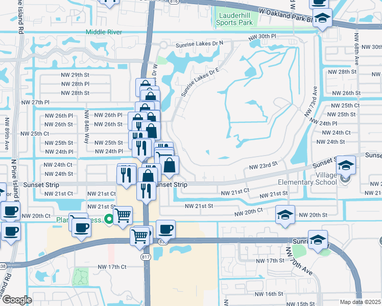 map of restaurants, bars, coffee shops, grocery stores, and more near 2491 Aragon Boulevard in Sunrise