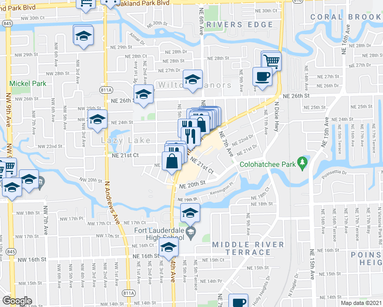 map of restaurants, bars, coffee shops, grocery stores, and more near 2150 Wilton Drive in Wilton Manors