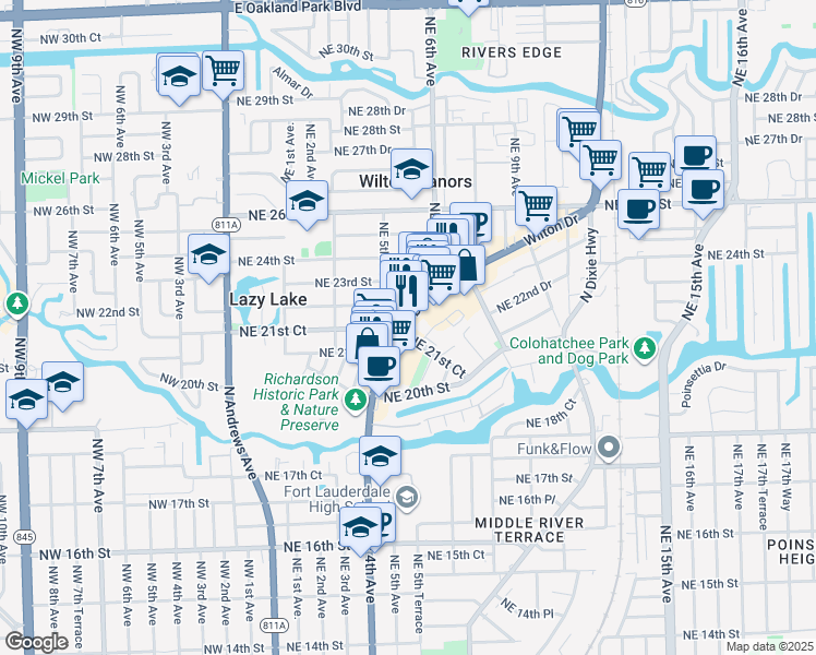 map of restaurants, bars, coffee shops, grocery stores, and more near 2170 Wilton Drive in Wilton Manors