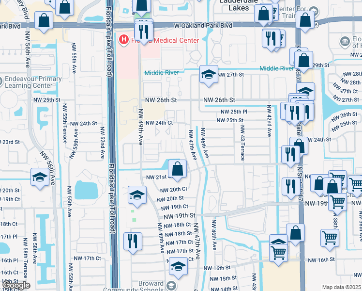 map of restaurants, bars, coffee shops, grocery stores, and more near 4801 Northwest 22nd Court in Lauderhill